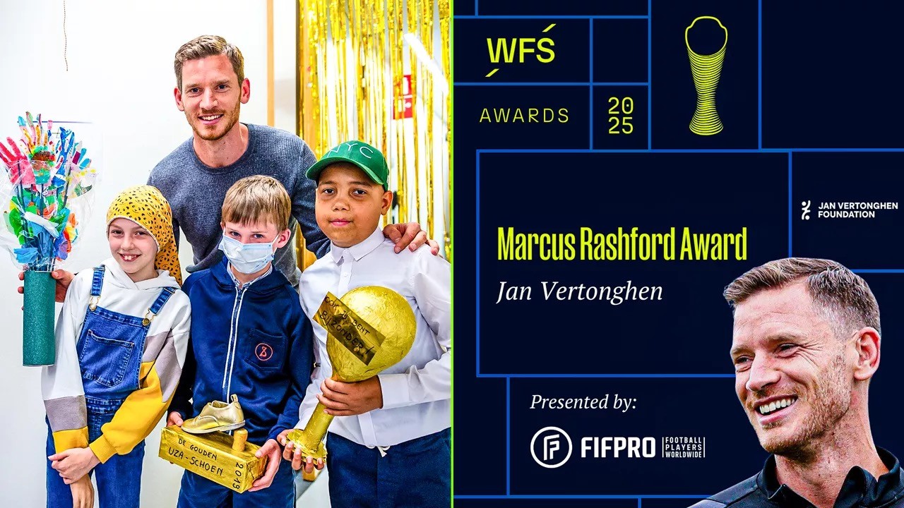 Jan Vertonghen receiving the Marcus Rashford Award at the World Football Summit 2025