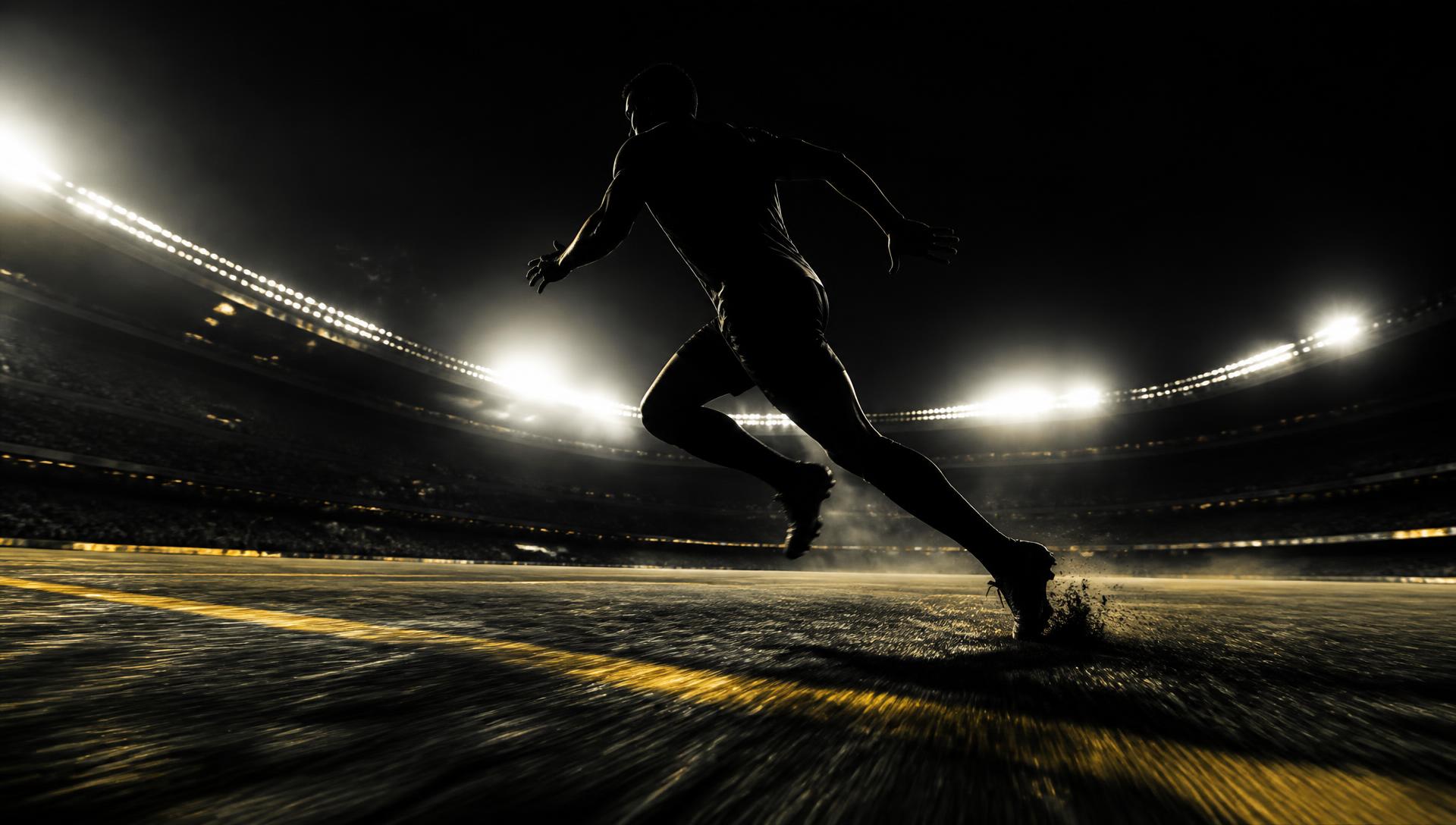Football player in silhouette on a floodlit pitch at night